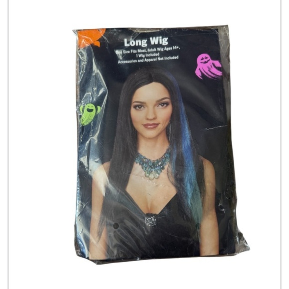WOMANS Long Black Costume Wig with Blue Highlights adult 14+